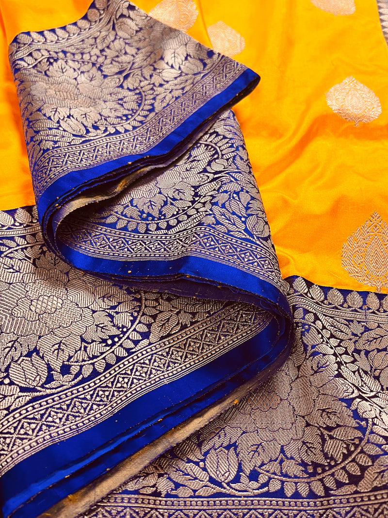 Beige Golden Pure Tissue Katan Silk Banarasi Saree Contrast Border – BUNKALA